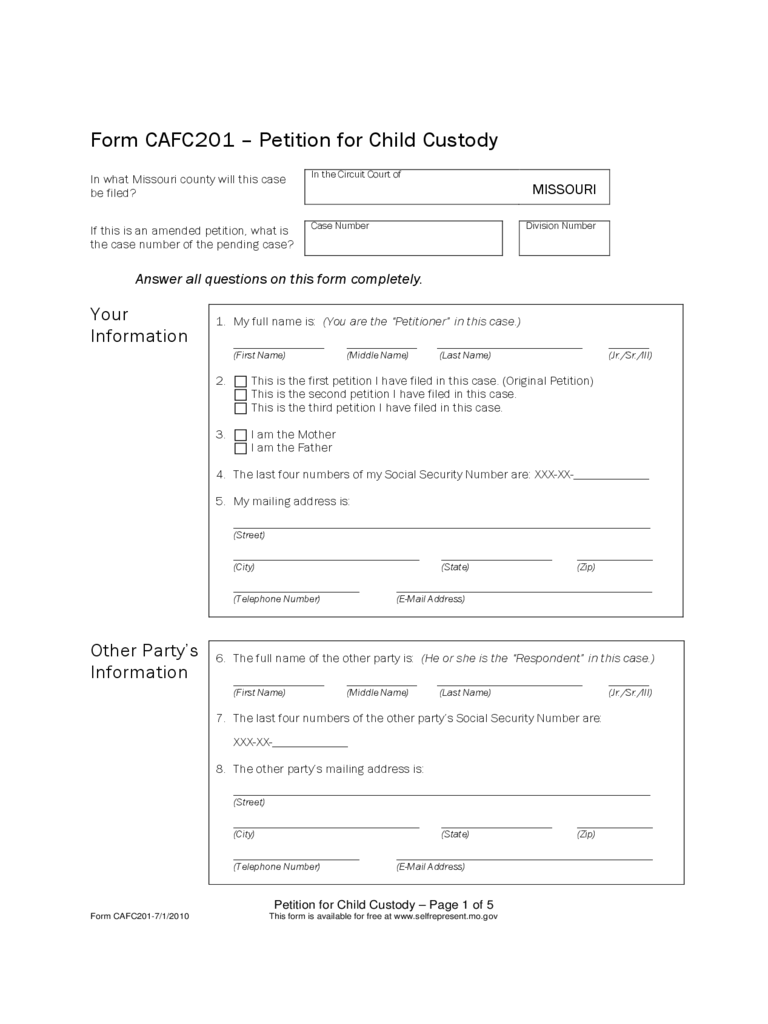 Petition for Child Custody - Missouri