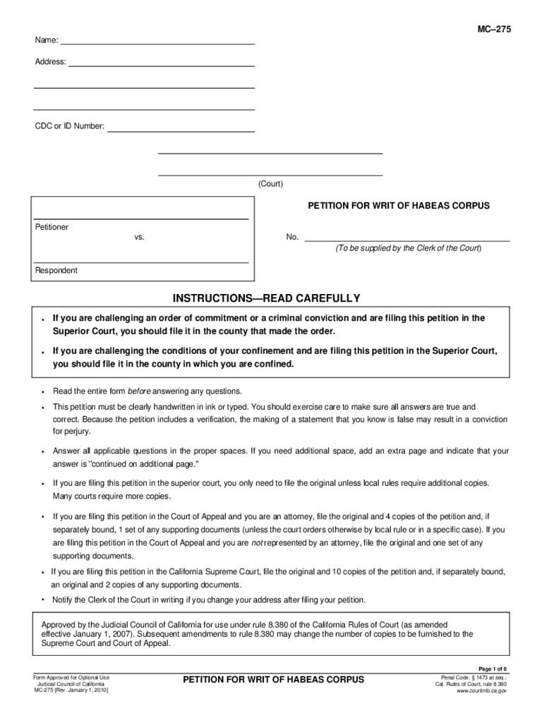 2024 Writ Of Habeas Corpus Template Fillable Printable PDF Forms   Petition For Writ Of Habeas Corpus D1 