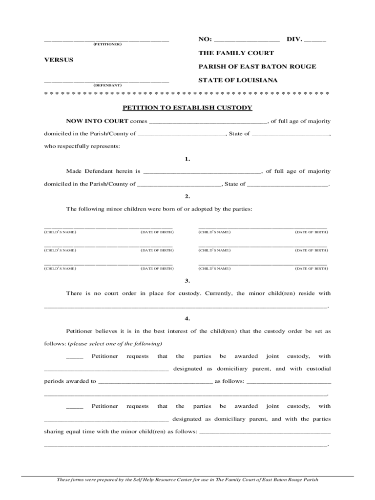 Petition to Establish Custody - Louisiana