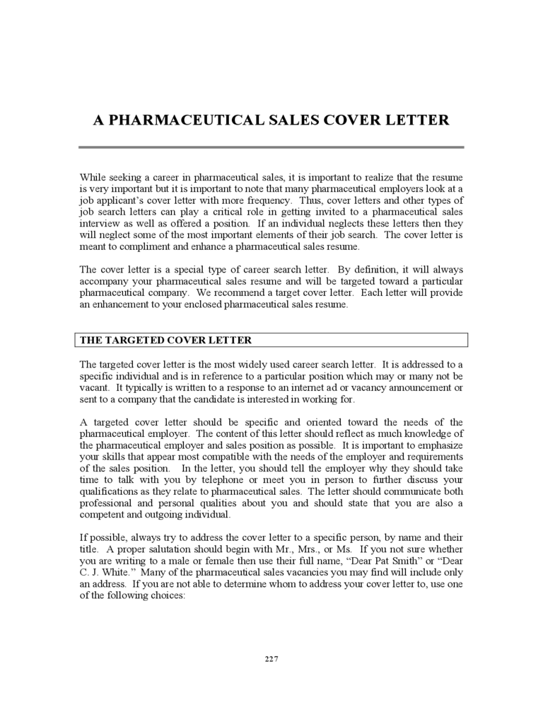Pharmaceutical Sales Cover Letter