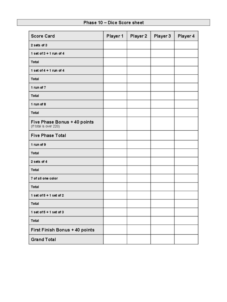 2021 Phase 10 Score Sheet Fillable, Printable PDF & Forms Handypdf