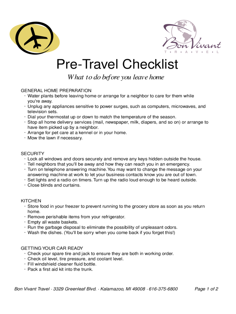 Pre-travel Checklist Sample