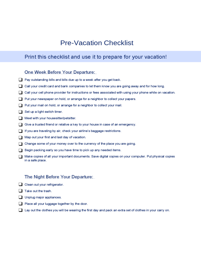 Pre-Vacation Checklist