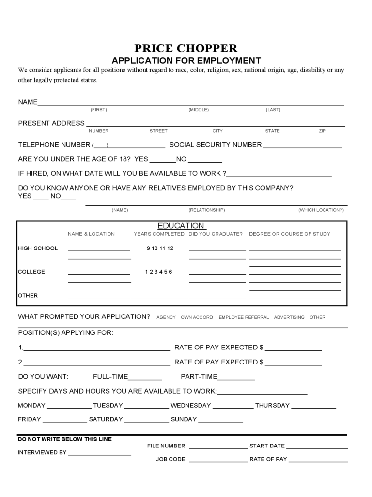 Price Chopper Application Form for Employment