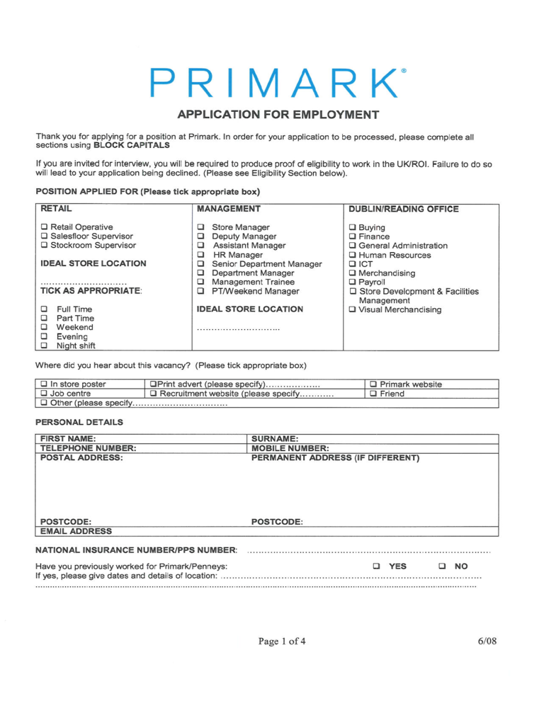 Primark Job Application Form