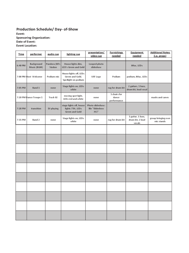 Production Schedule/ Day of Show