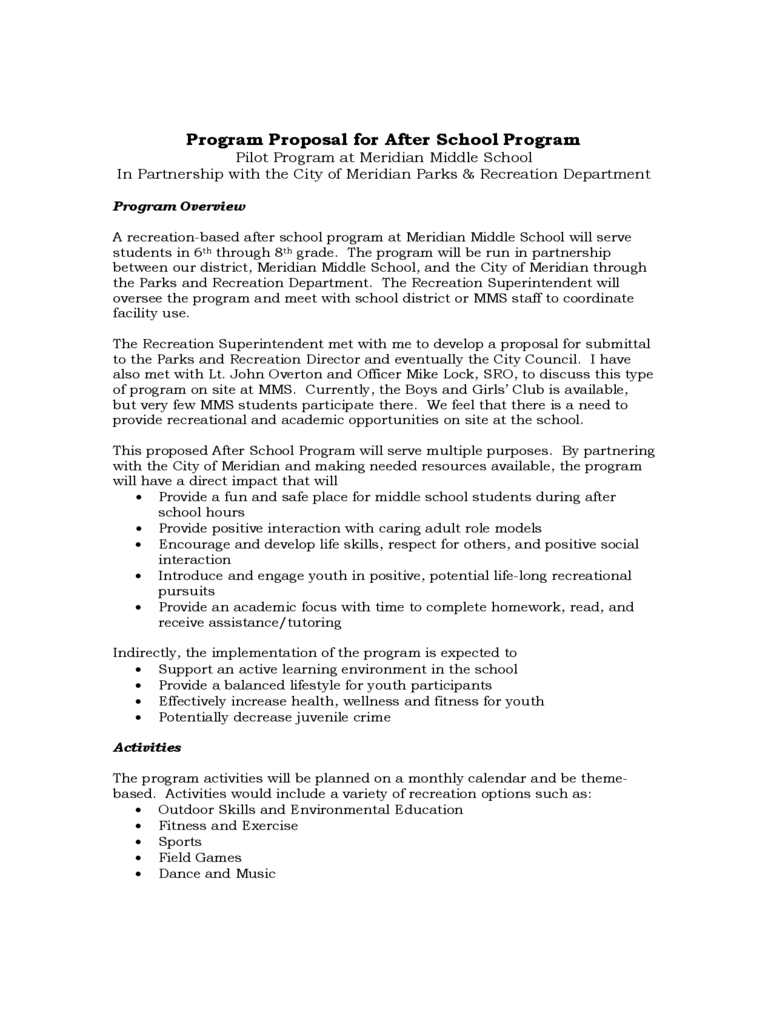 Program Proposal for After School Program