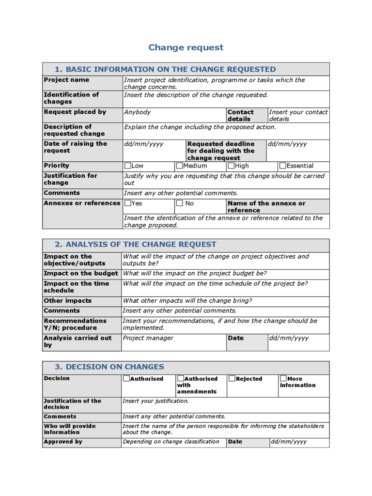 2019 Project Change Request Template Fillable 2C Printable Pdf