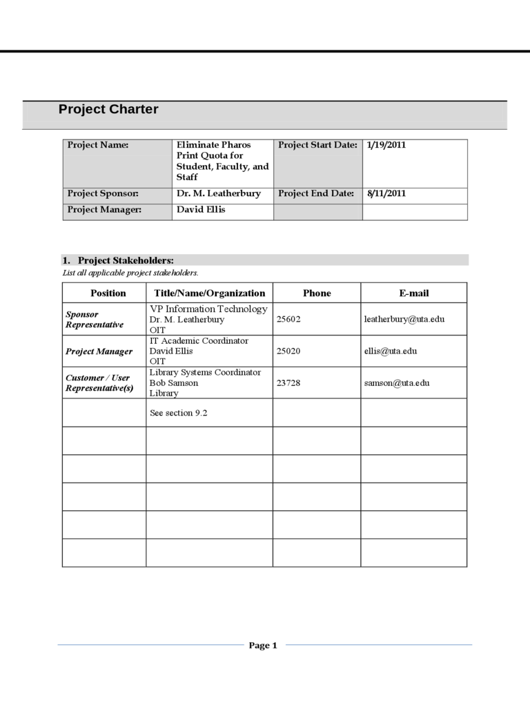 Project Charter Template Texas University At Arlington D1 