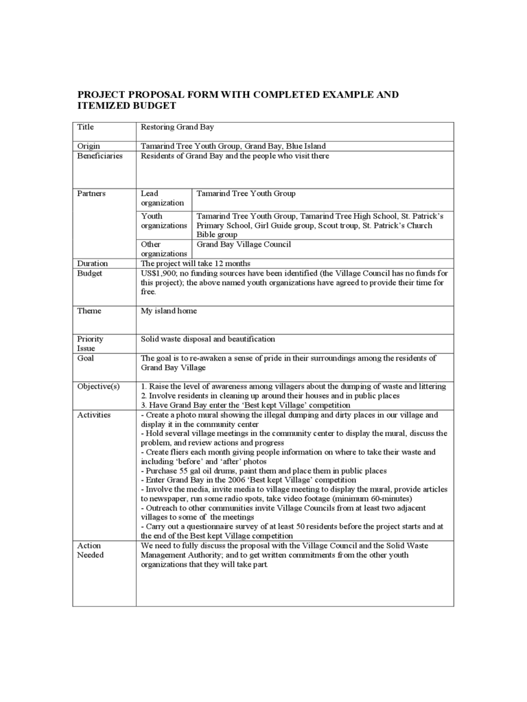 Project Proposal Form with Completed Example and Itemized Budget