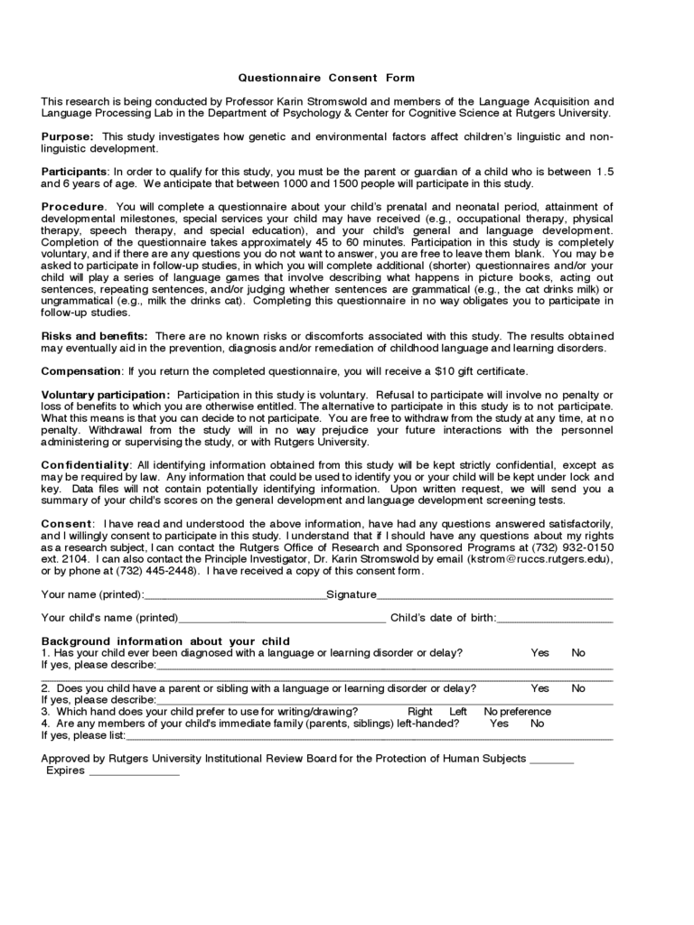 Questionnaire Consent Form - New Jersey