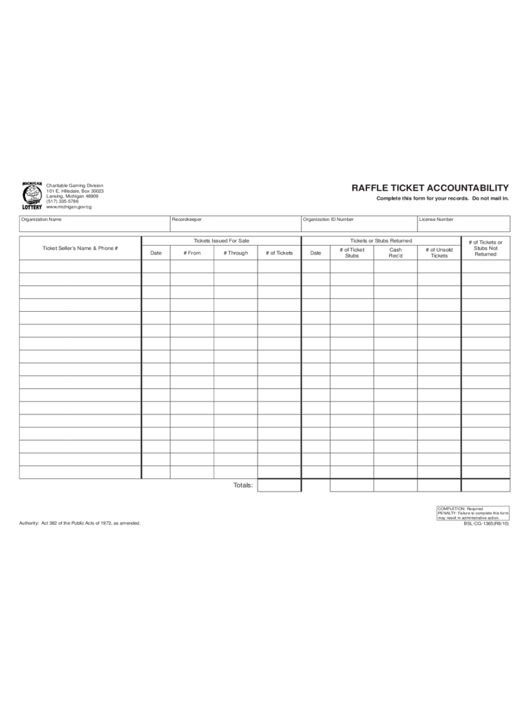 Raffle Ticket Accountability Form - Michigan