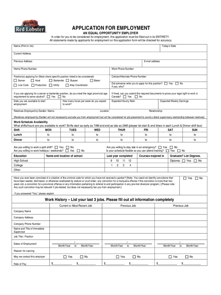Red Lobster Application for Employment Form