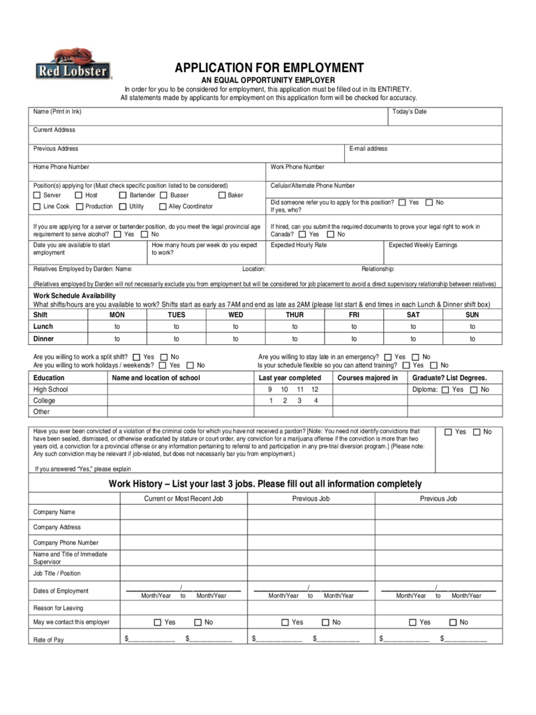 Red Lobster Application for Employment Form Edit, Fill, Sign Online