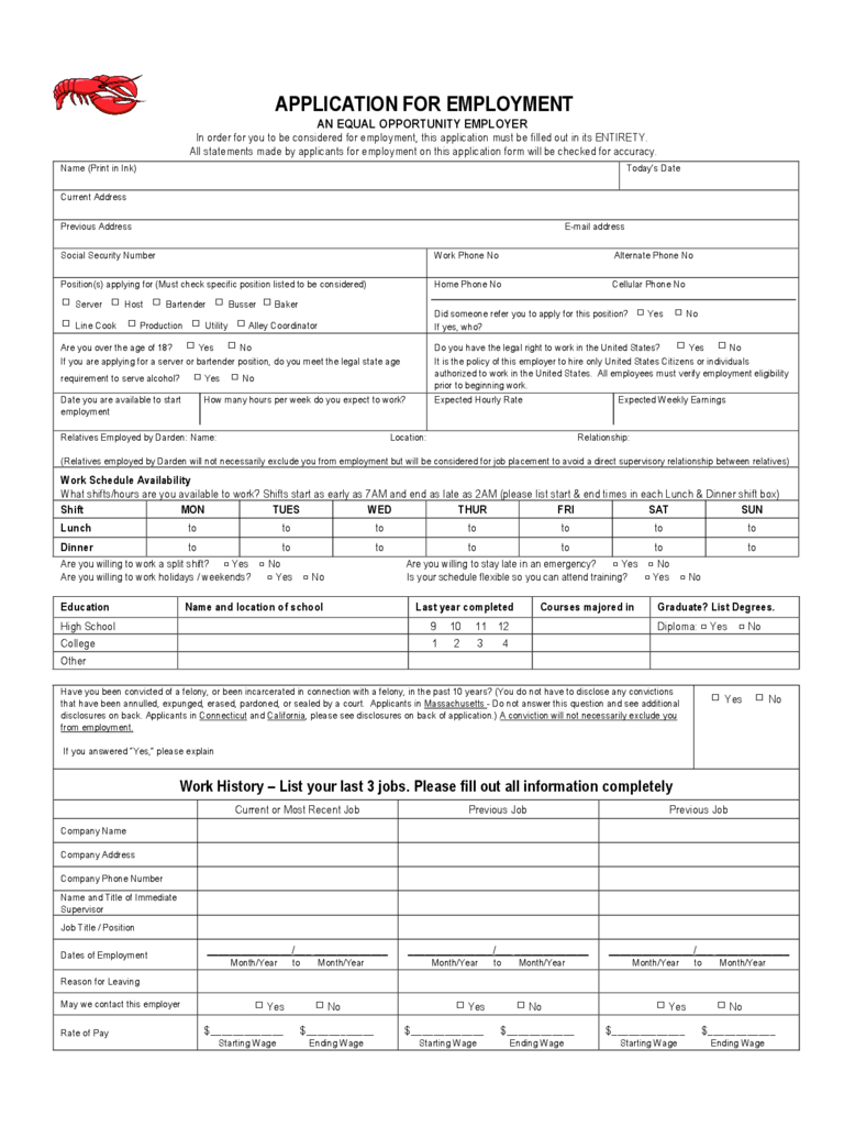 Red Lobster Employment Application Form