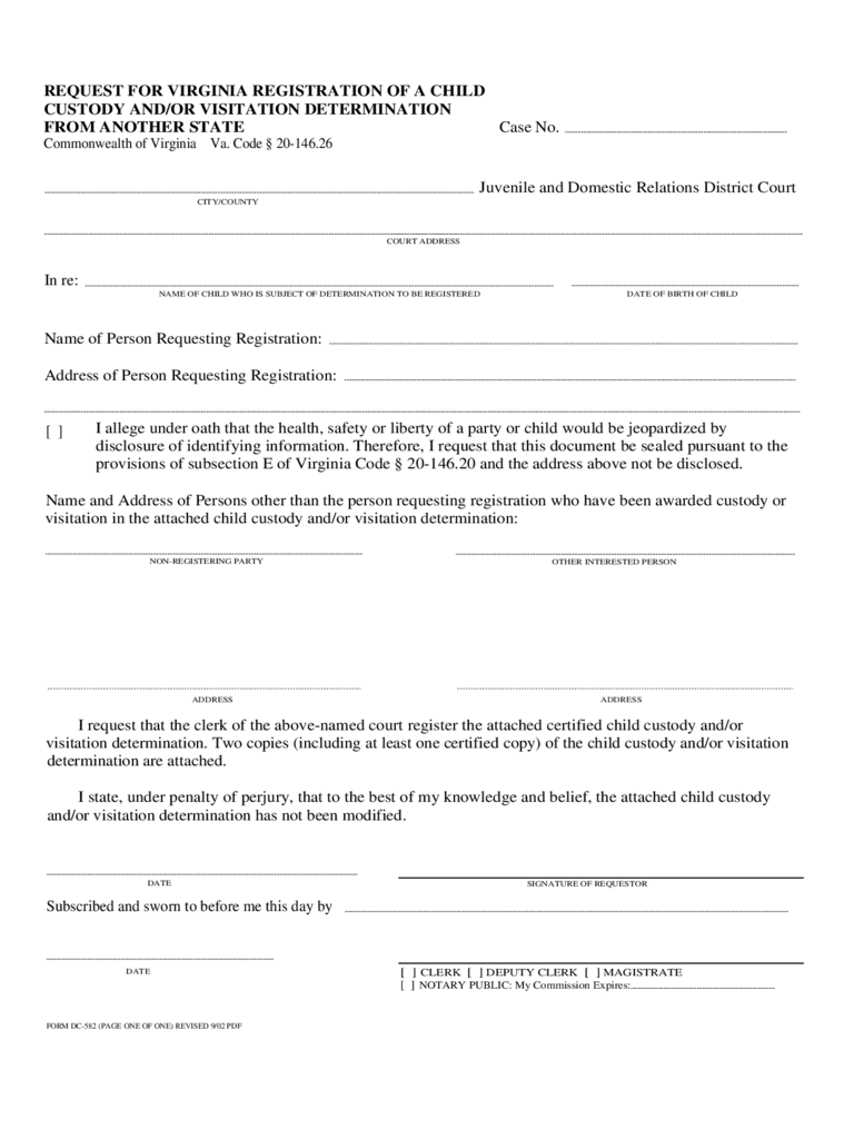 Request for Virginia Registration of a Child Custody and/or Visitation Determination from Another State