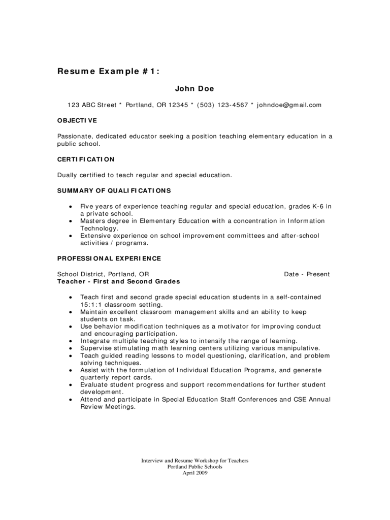 Resume Examples for Teachers