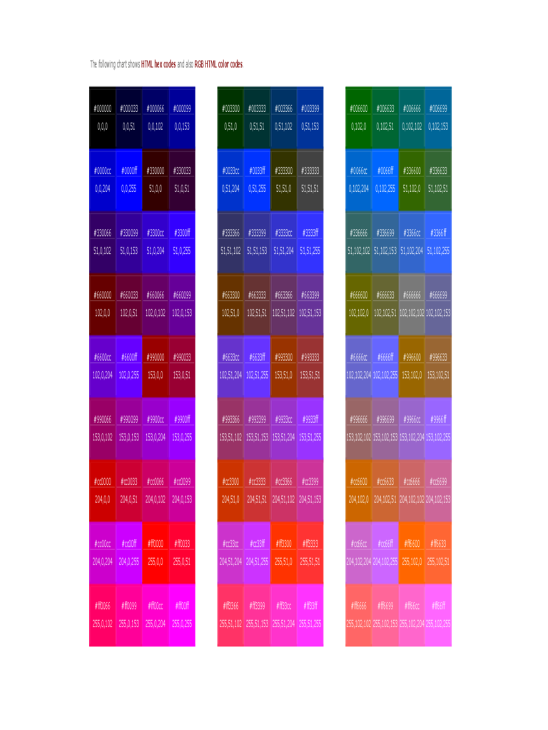 RGB HTML Color Codes Chart