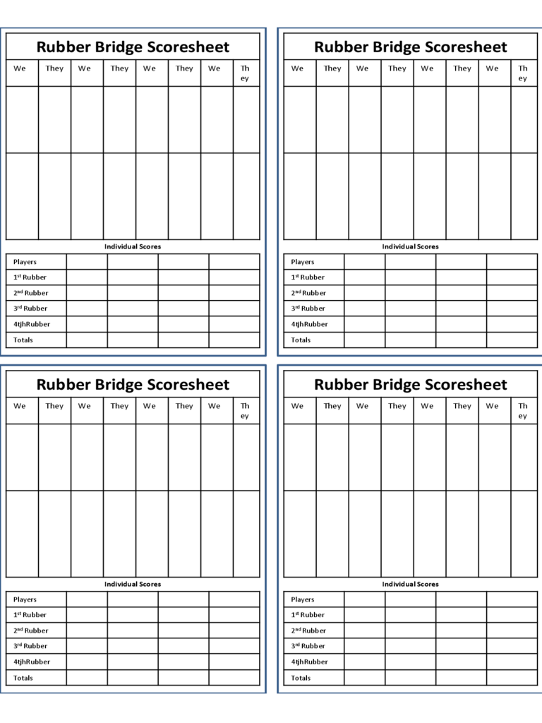 Rubber Bridge Score Sheet