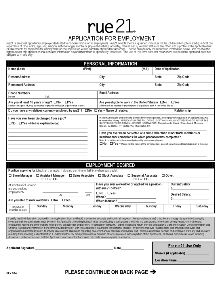 Rue 21 Application for Employment Form
