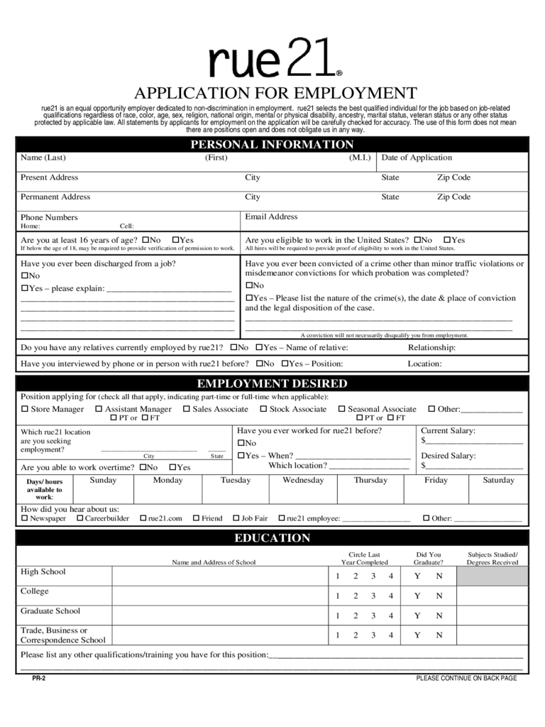 retail employment application template