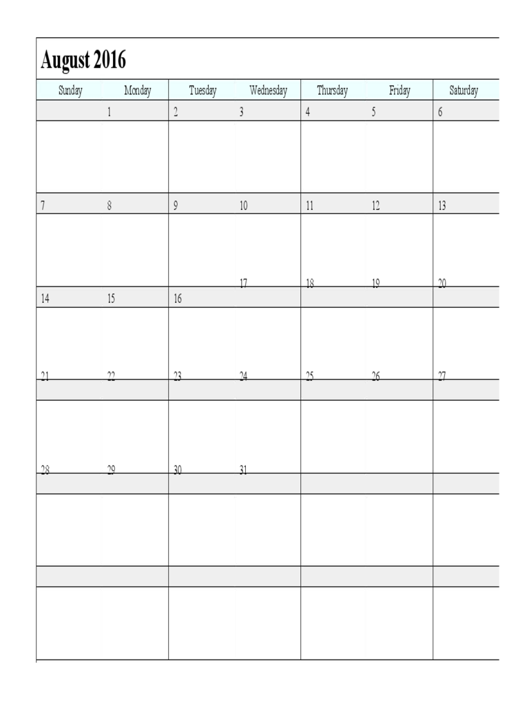 Sample August 2016 Calendar