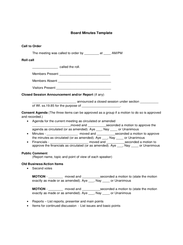 Sample Board Minutes Template