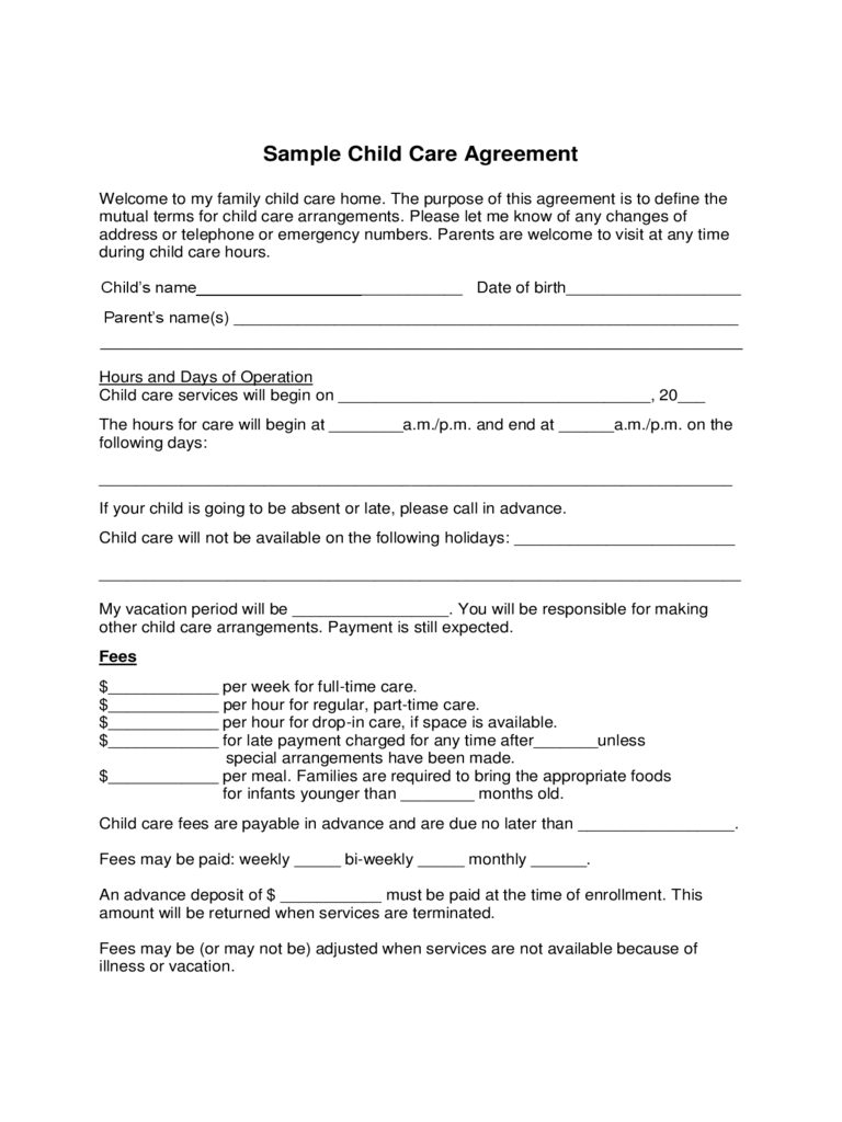 Sample Child Care Agreement Form