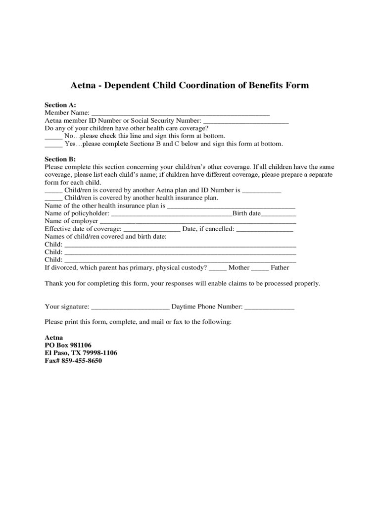 Sample Child Coordination of Benefits Form