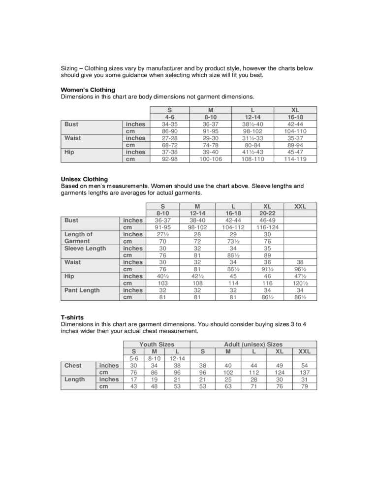 Sample Clothing Size Chart