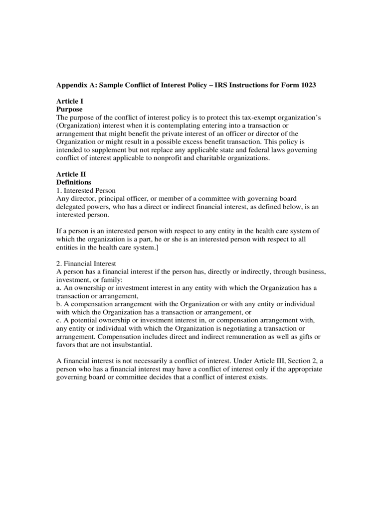 2023 Conflict of Interest Policy Template Fillable, Printable PDF