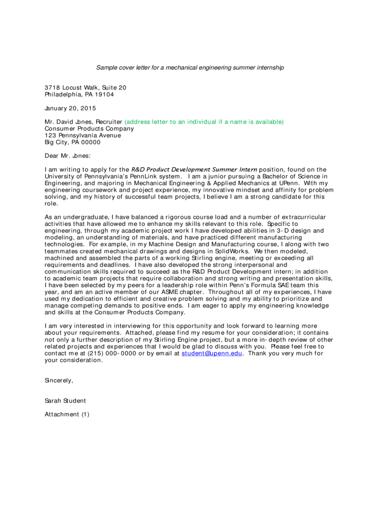 Sample Cover Letter for a Mechanical Engineering Summer Internship