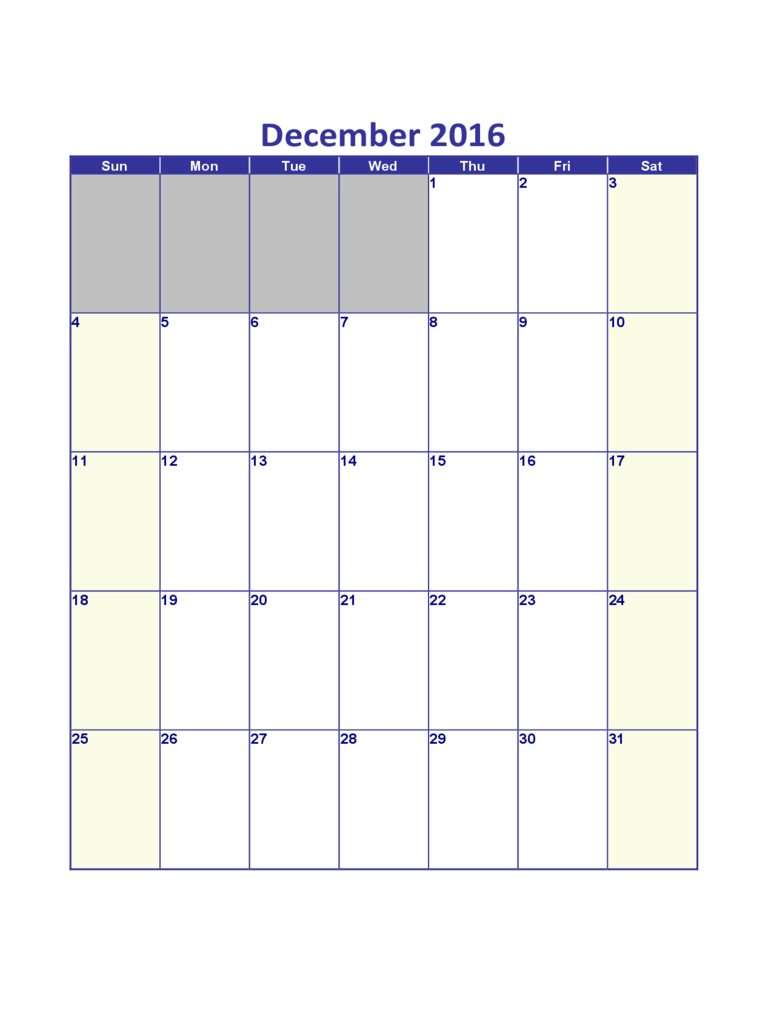 Sample December 2016 Calendar