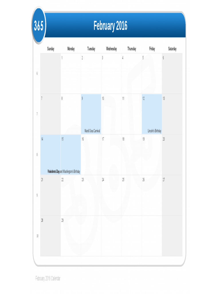 Sample February 2016 Calendar