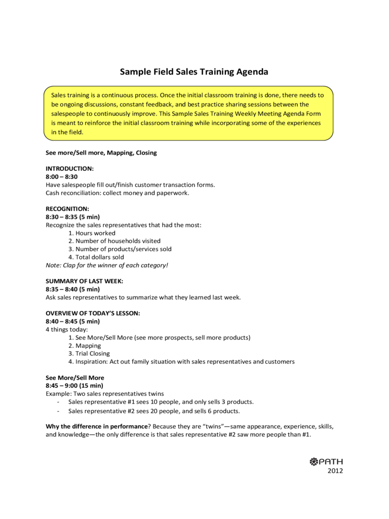Sample Fields Sales Training Agenda