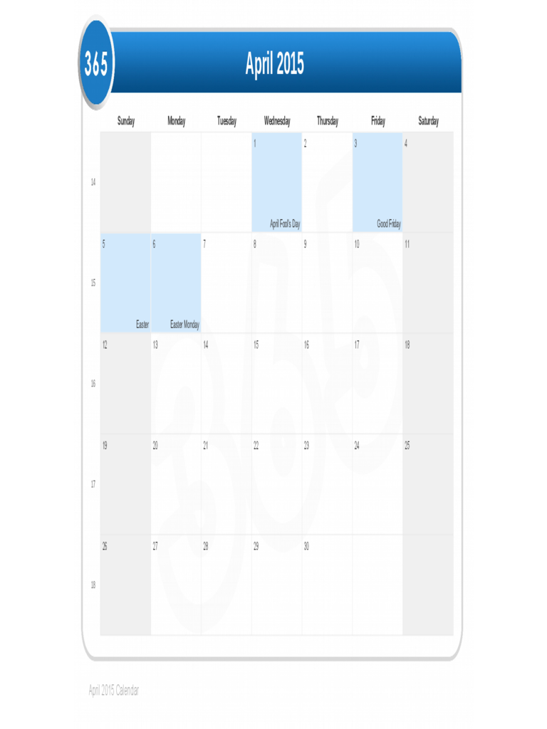 Sample for April 2015 Calendar