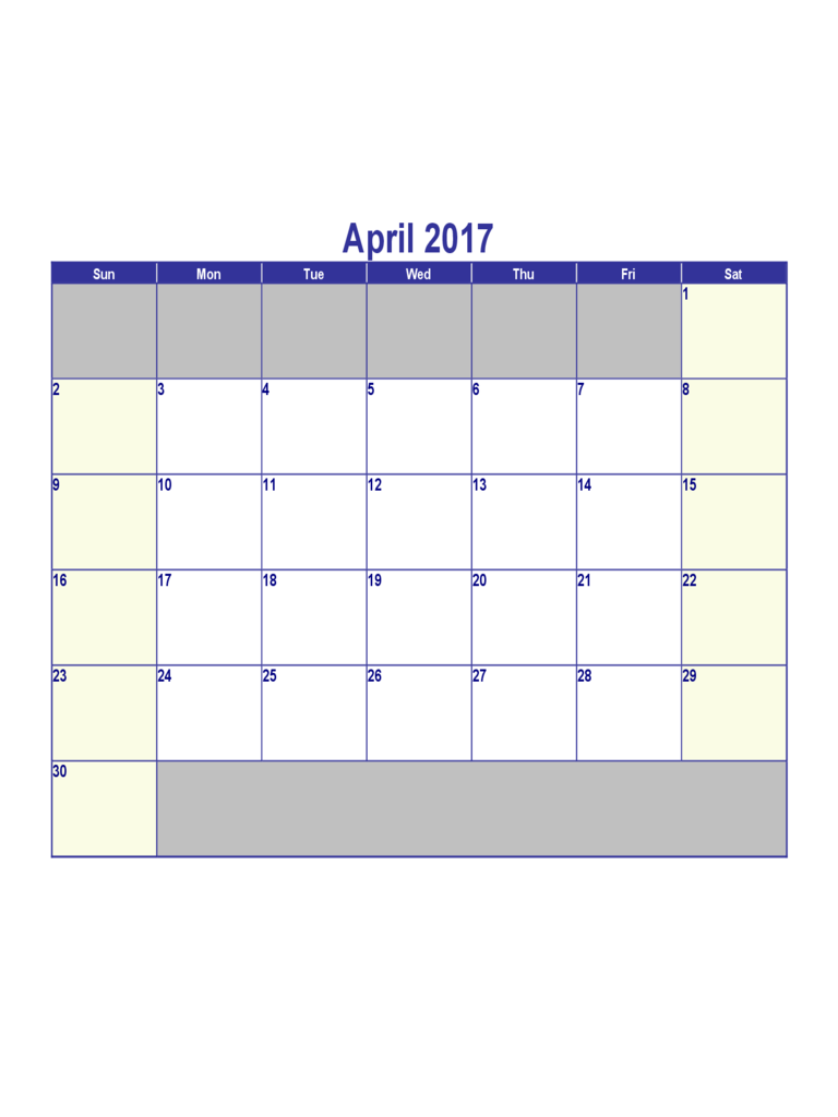 Sample for April 2017 Calendar