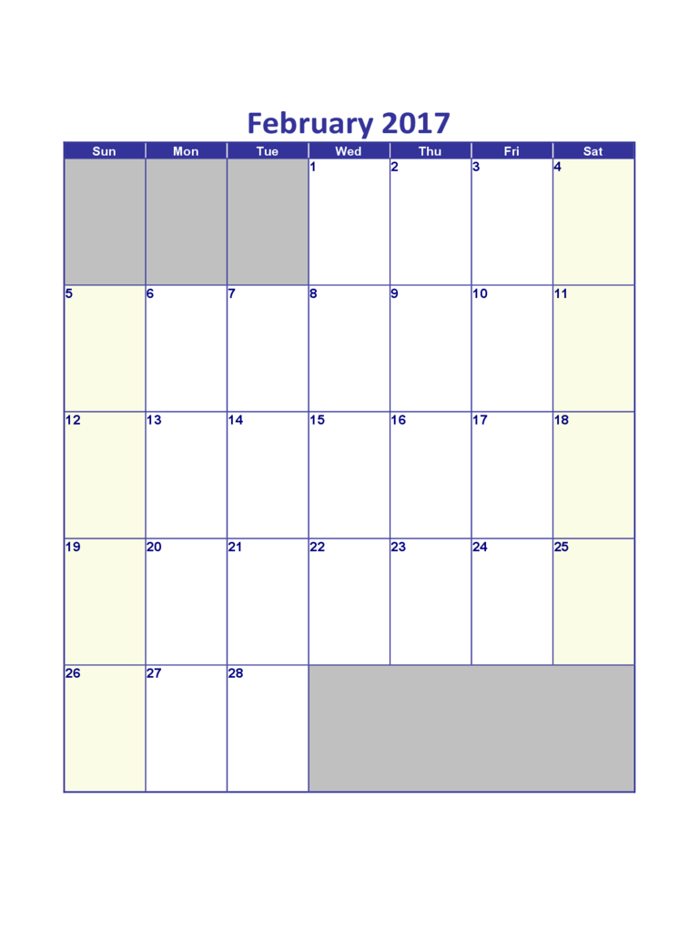 Sample for February 2017 Calendar