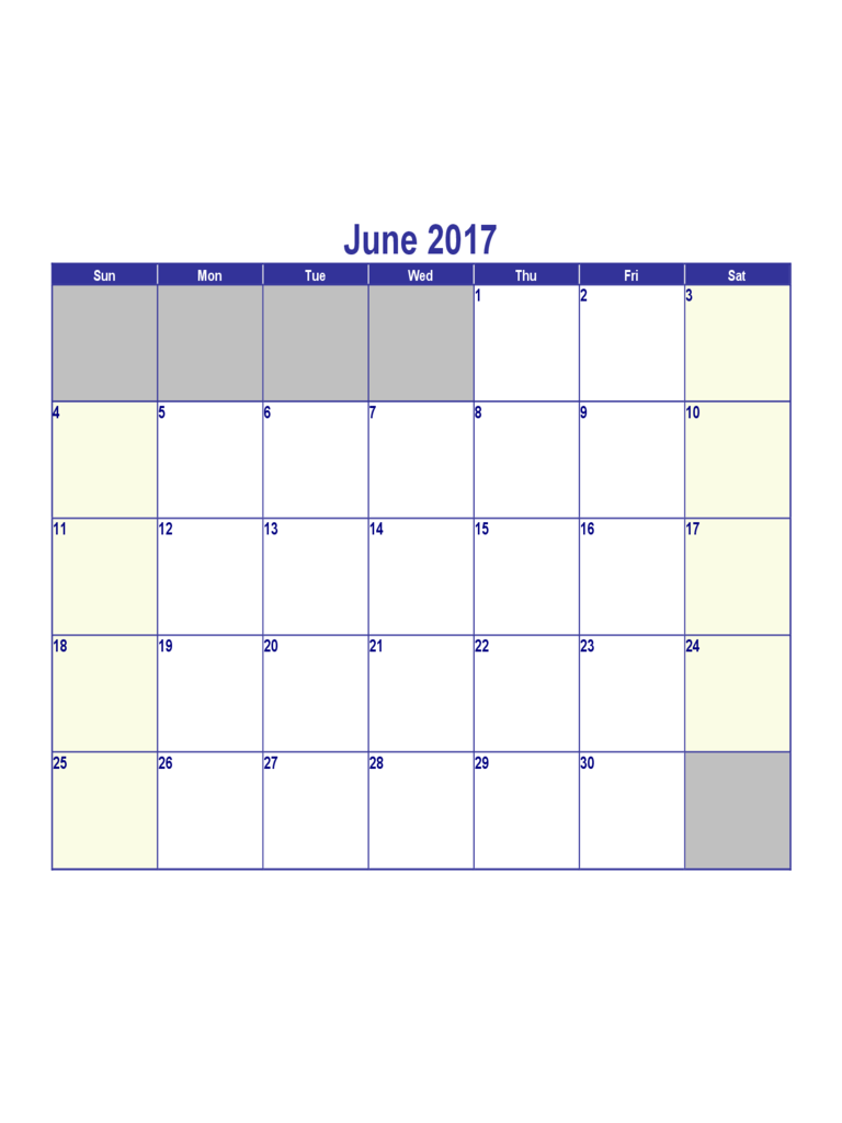 Sample for June 2017 Calendar