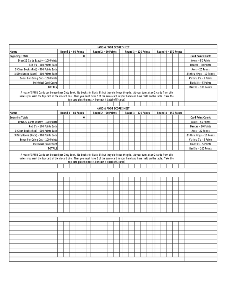 Sample Hand and Foot Score Sheet