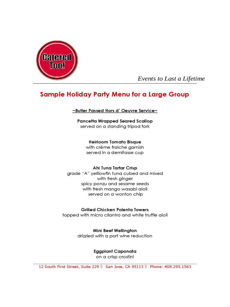 Sample Holiday Party Menu for a Large Group