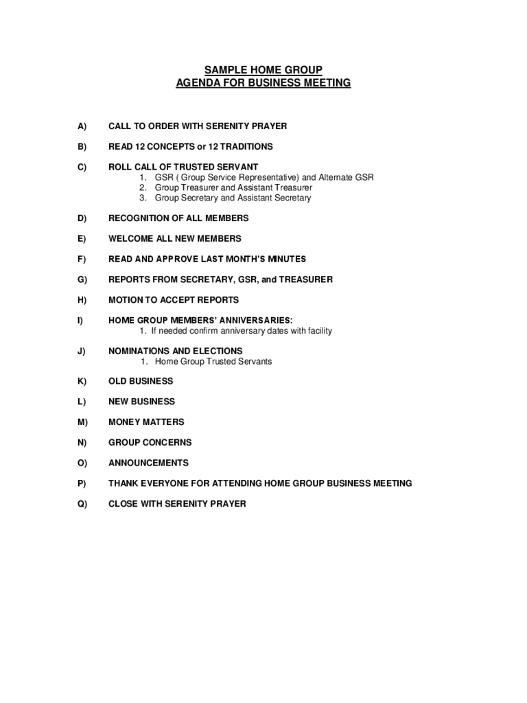 Sample Home Group Agenda For Business Meeting