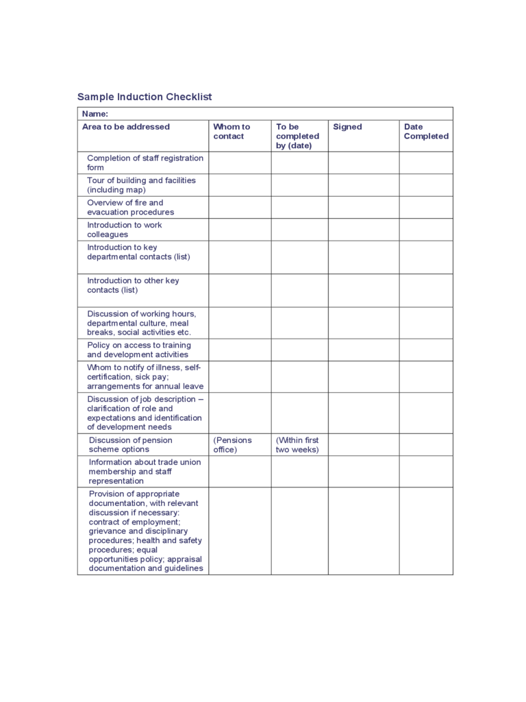 Sample Induction Checklist