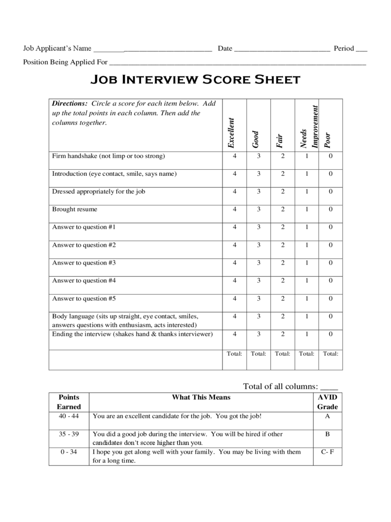 Sample Interview Score Sheet