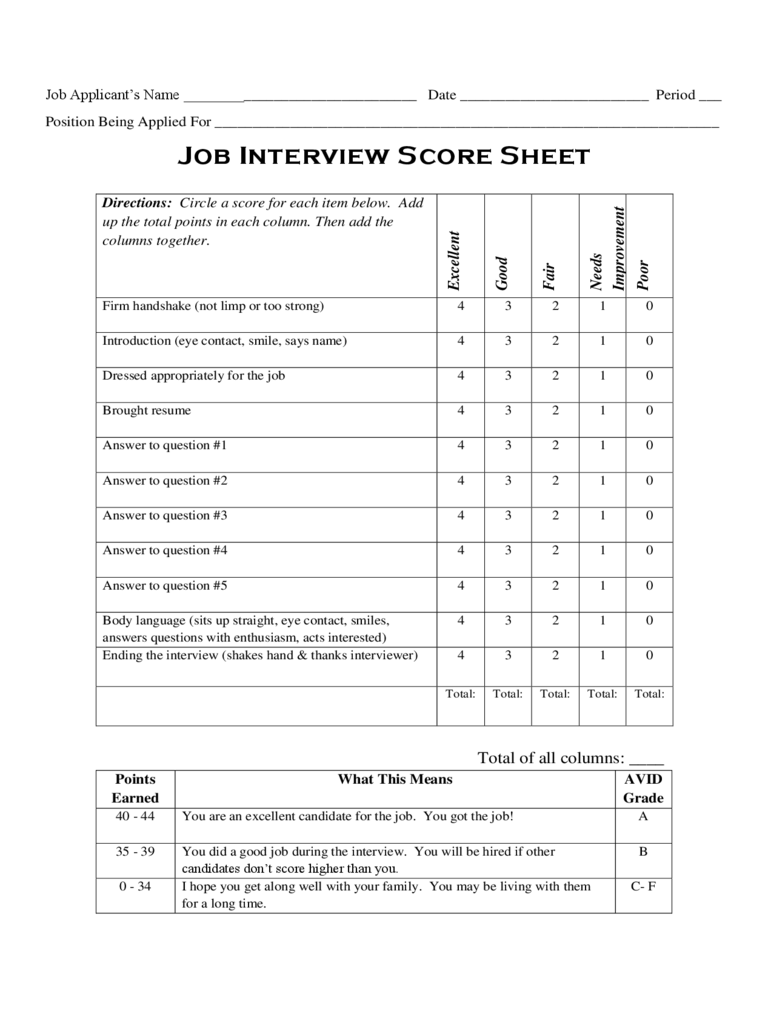 Printable Sample Interview Score Sheet Template Printable Templates