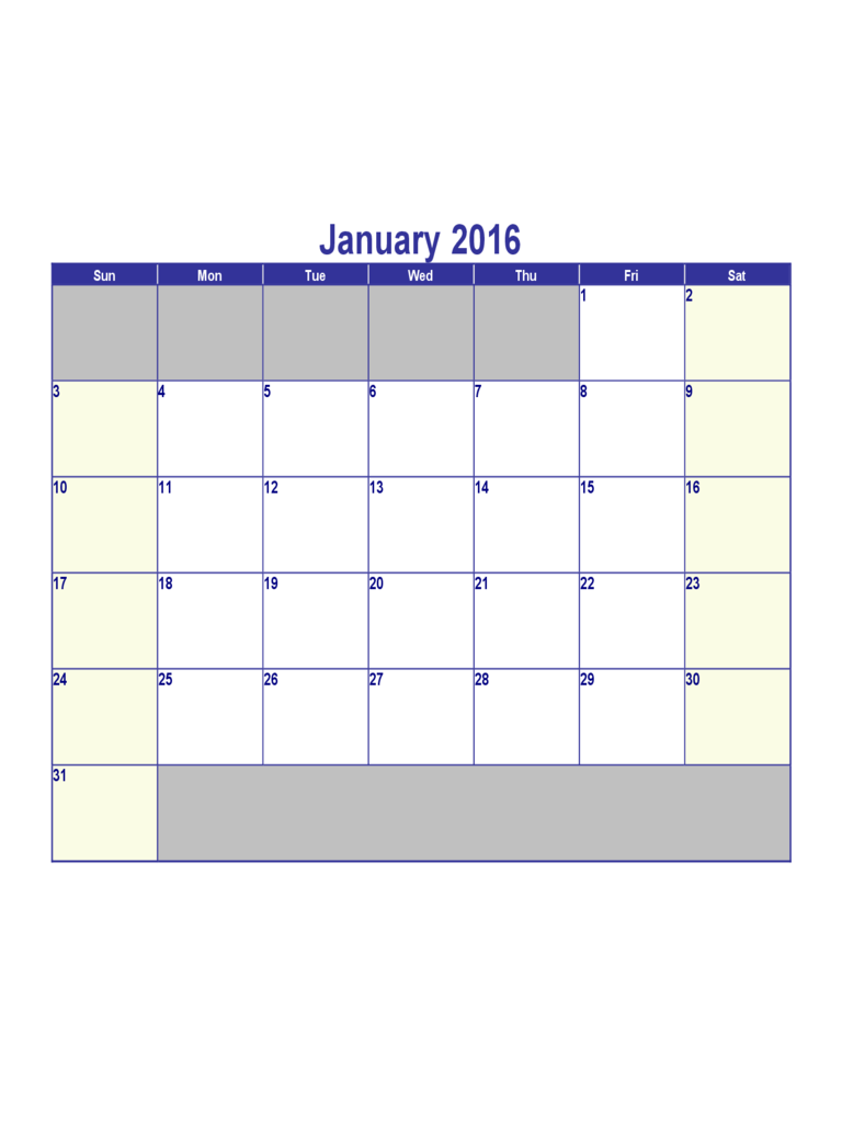 Sample January 2016 Calendar