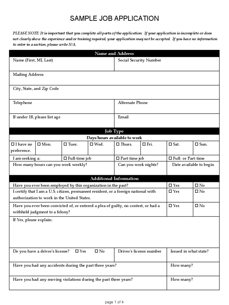 Basic Job Application Form Free Printable