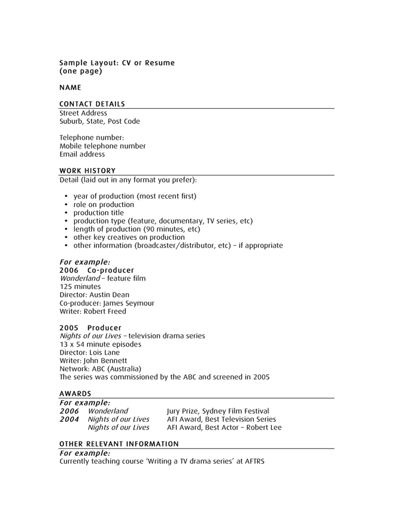 Sample Layout: CV or Resume