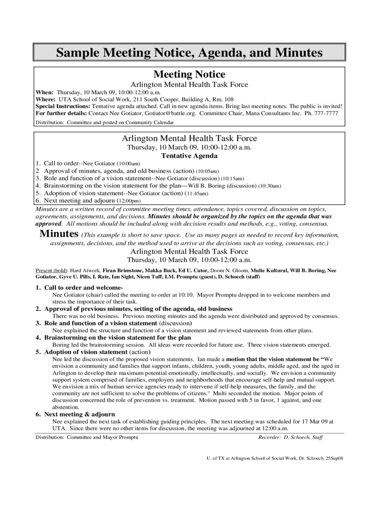 Sample Meeting Notice, Agenda and Minutes