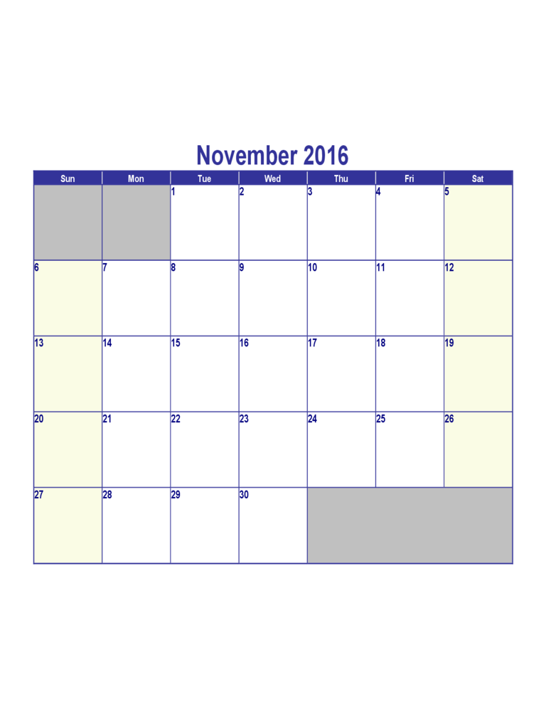 Sample November 2016 Calendar